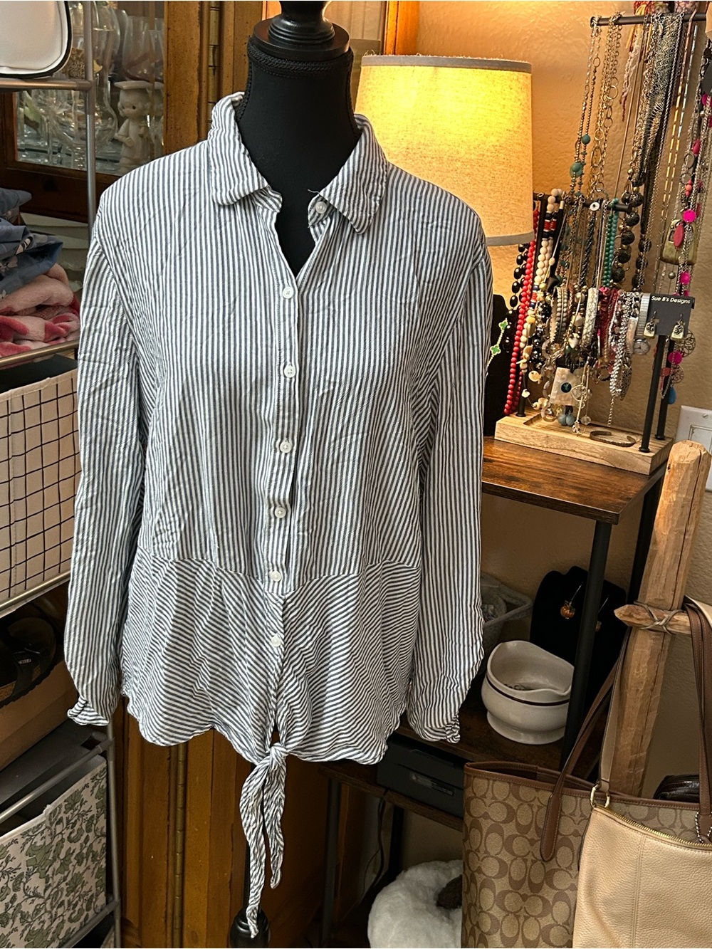 Jones New York Black & White Striped Tie-Front Button Down Shirt